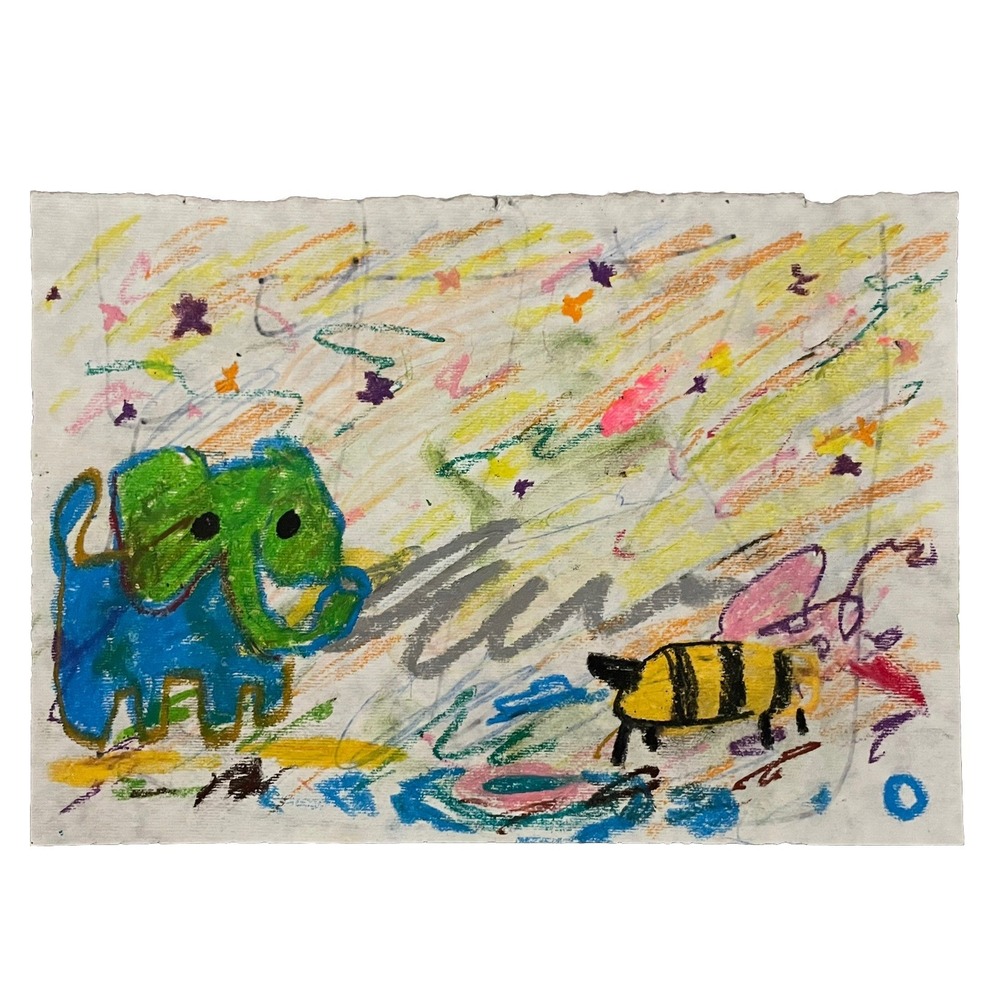 Oman Original Art 8x11.5 Abstract Expressionist Paper Elephant Bee Bug Painting